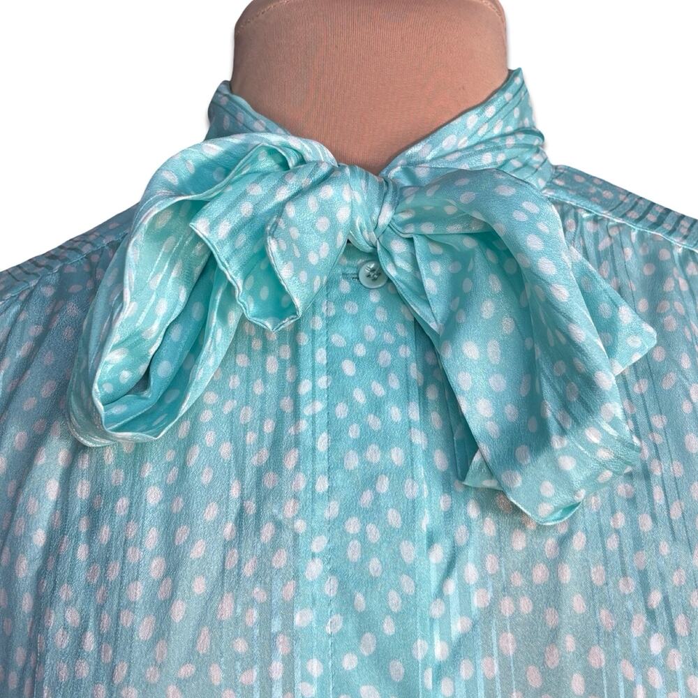 Vintage Bow Neck Blouse Pastel Aqua Polka Dot Ladylike Romantic Whimsical Top